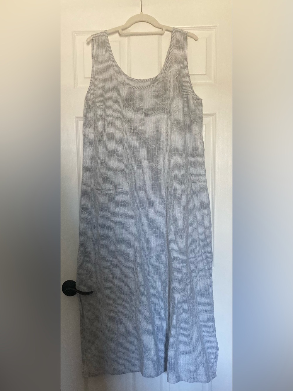 Flax Blue & White Striped Embroidered Sleeveless Maxi Linen Dress, Size Large